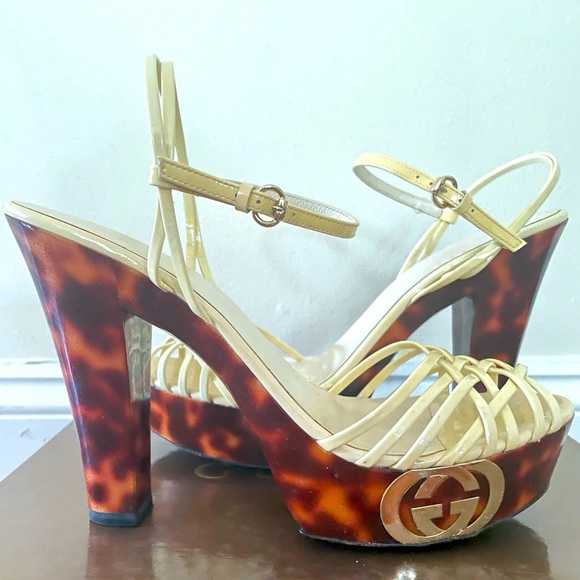 Gucci Shoes - Gucci Vitello Vernice Soft Mystic White & Tortoise Platform Sandals